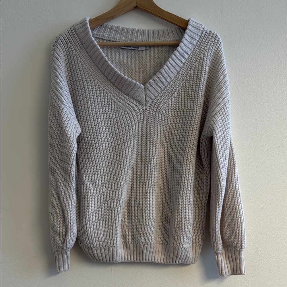 Oversized Cozy Cream Stitches & Stripes V-Neck Sweater